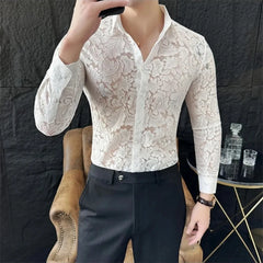 Threebooy  Sexy Mesh See Through Flower Lace Sheer Shirt for Men Long Sleeve Casual Shirts Social Party Tuxedo Nightclub Event Prom Shirts