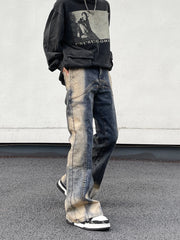 Threebooy Jeans High Street American Vintage Wash Harajuku Y2K Spliced Jeans Men's Loose Flare Design Feel Pants