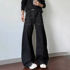 Threebooy  Men Reverse Design Deconstructed Jeans Loose Streetwear Casual Baggy Fit Trendy Edgy Niche Modern Daily Essential