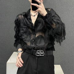 Threebooy Men Sexy Mesh See-Through Feather Tassel Long-Sleeve Shirt Autumn Genderless Nightclub Personalized Stage Performance Top Unisex