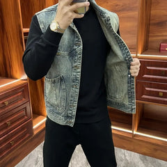 Threebooy  Vintage American Denim Vest for Men Loose Fit Collared Jacket with Zippered Pockets Layering Essential for Spring Autumn