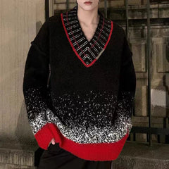 Threebooy  Unisex Black And Red Gradient V-Neck Sweater Jacket Autumn And Winter New Y2k Harajuku Style Loose Personality Fashion Trend
