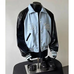 Threebooy  American Retro Baseball Uniform High Street Contrasting PU Leather Bead Design Ragdoll Sleeve Jacket Versatile Couple Jacket