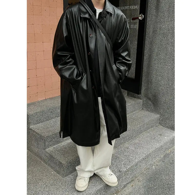 Threebooy 2025 Spring Pu Leather Jacket Men's Mid-length American Retro Long Jacket Lapel Button Coat Trendy Cityboy Windbreaker
