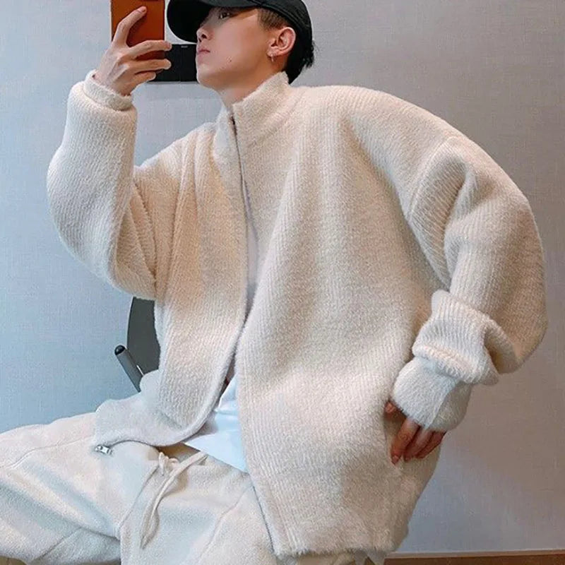 Threebooy Winter Men Loose Zipper Cardigan Sweater Korean Fashion Handsome Simplicity Warm Sweater Male Thicken Casual Sweater Coat