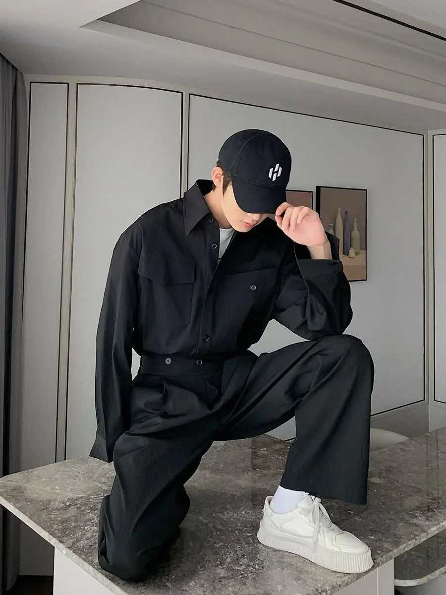Threebooy Men's Shirt Pants Set High-end Shirt Suit Trendy Spring Handsome Long-sleeved Top Loose Straight Trousers Two-piece Set