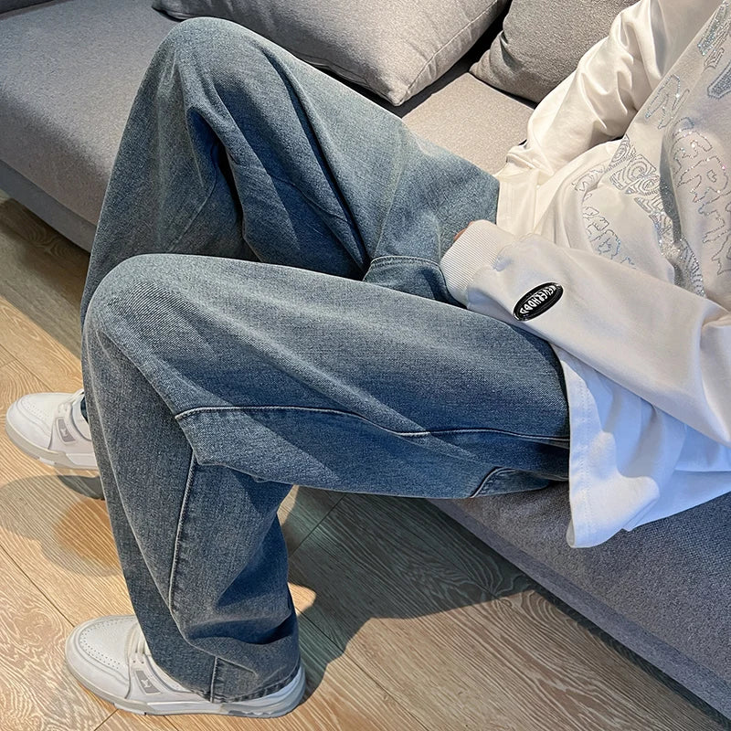 Threebooy  Korean Fashion Men's Loose Jeans Classic Neutral Couple All-match Solid Color Straight Denim Wide Leg Pants Gray Black Blue 3XL