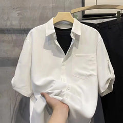 Threebooy  Men's Solid Pockets Patchwork Simplicity Fashion Blouse Summer New Short Sleeve Loose Korean Shirt Tops Casual Trend Men Clothes