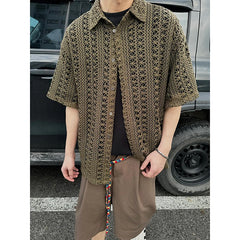 Threebooy Fashion Army Green Knitted Hollow out Shirt Men Streetwear Transparent Lapel Short Sleeve Button Camisas Sexy Men Clothing 2XL-M