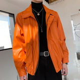 Threebooy Orange Men PU Leather Jacket Male Short Coats Spring Winter Zipped Oversized Vintage Streetwear Lapel Jackets