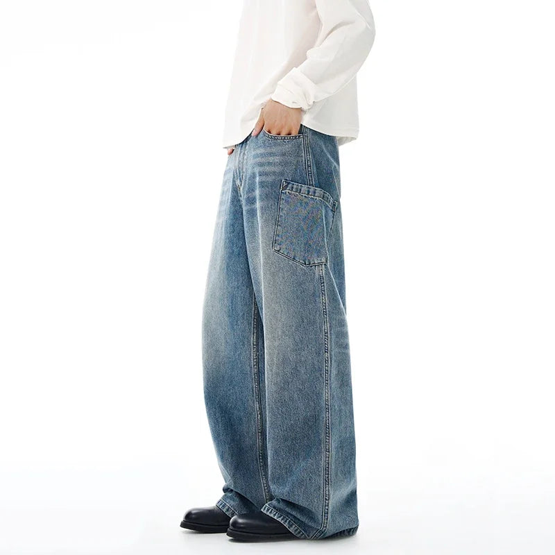 Threebooy Multi-pocket Loose Wide-leg Jeans Men's Cotton Vintage Washed Denim Pants Hip-hop Fashion Y2K Streetwear Autumn Casual Trousers