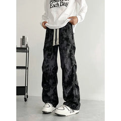 Threebooy Beige Casual Pants Men Fashion Retro Straight Pants Men Streetwear Hip-hop Loose Tie Dye Pants Mens Vintage Trousers M-3XL