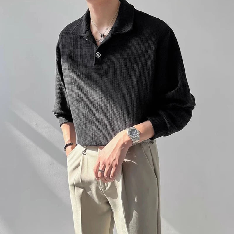 Threebooy  New Trendy Waffle Men Polo Shirt Leisure High Quality Solid Color Long Sleeve T-shirt Korean Fashion Autumn Loose Basic Shirts