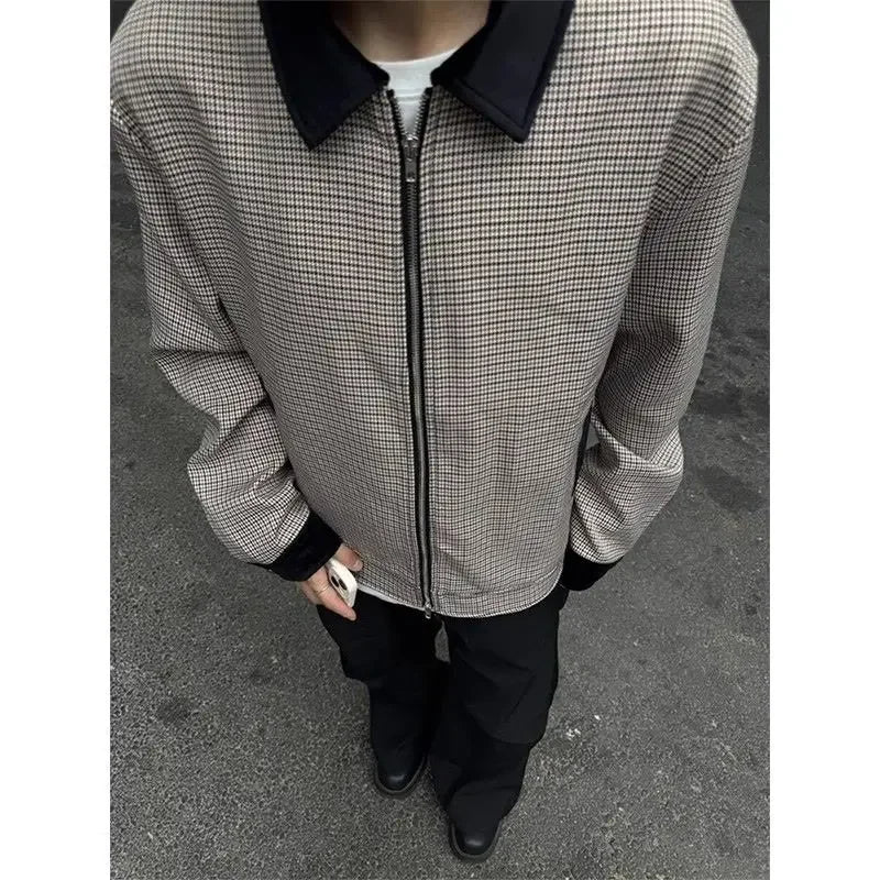 Threebooy Plaid Retro Jacket Men's Spring Autumn Streetwear American Lapel Jacket Color Blocking Design Coat High-end Motorcycle Suit Top