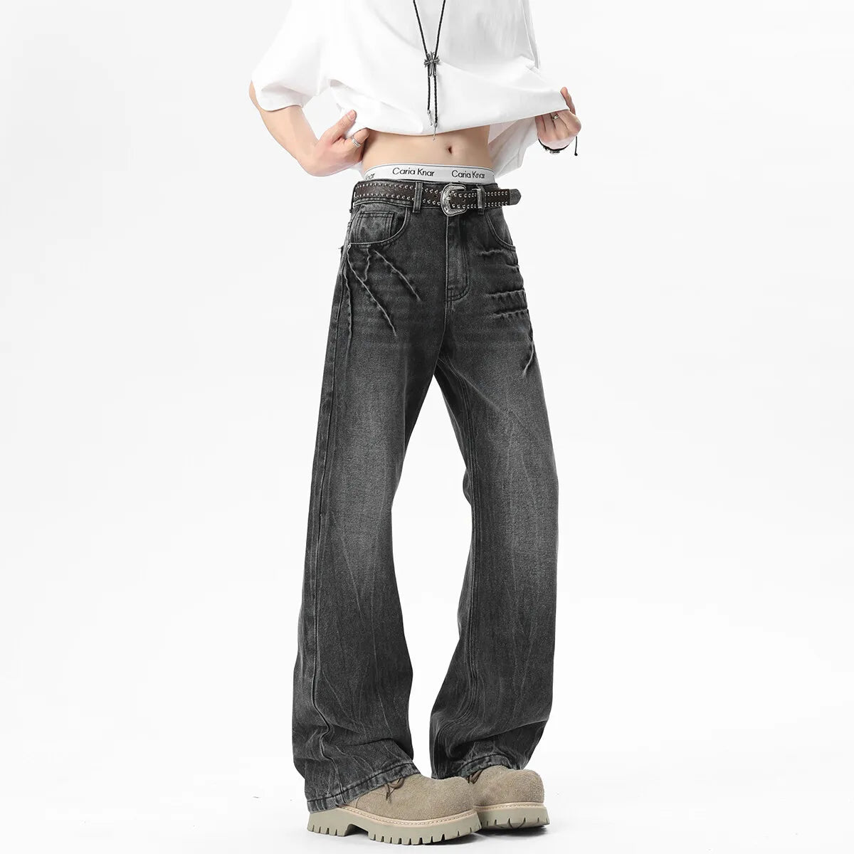 Threebooy  New Bootcut Jeans men Vintage Washed Distressed Wrinkle Crinkle Design Comfort Women Men Fashion Denim man Trousers
