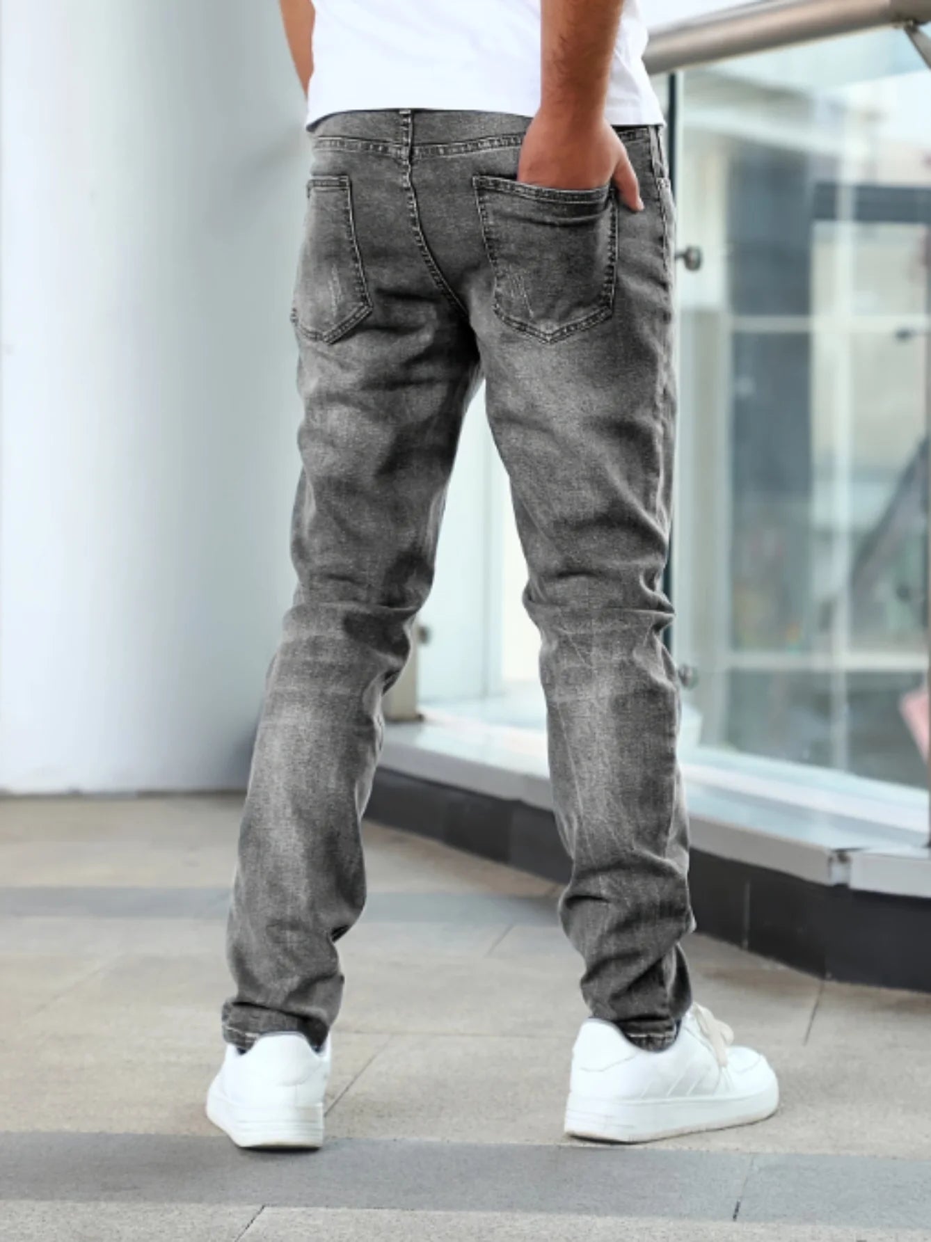 Threebooy  1pc Men'S Casual Slim Fit Stretch Jeans, Chic Street Style Distressed Denim Pants