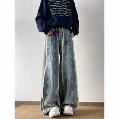 Threebooy Destroyed Stitching Jeans Men's Rough selvedge Blue Washed Jeans Gothic Style Street Trend Clothing Retro Loose Wide Leg Pants