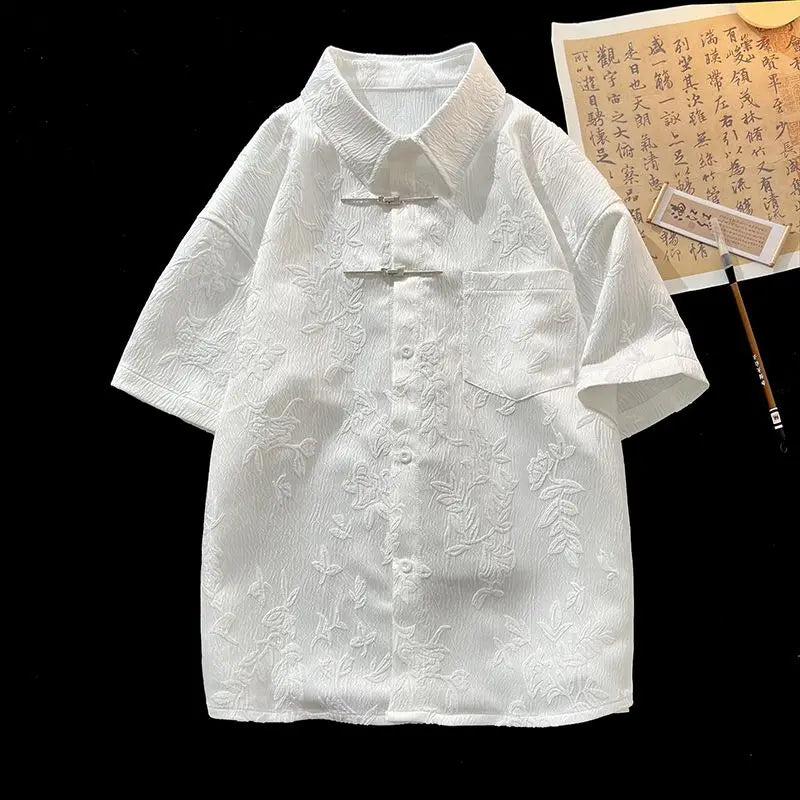 Threebooy Summer Short-sleeved Shirt Men's New Chinese Men's National Trend Shirt Loose Large Size Metal Button Couple's Top Aesthetic