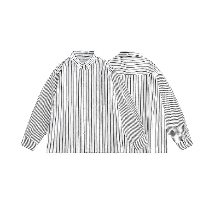 Threebooy  Men Retro Striped Shirt Hip Hop Streetwear Oversize Shirt Chest Pocket Harajuku Long Sleeve Checkered Patchwork Shirt Coats