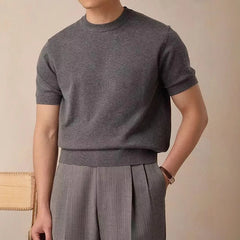 Threebooy  New Korean Fashion Men T-shirt Light Luxury Knitted Breathable O Neck Tees Casual Slim-fit Solid Color Short Sleeve Basic Tops