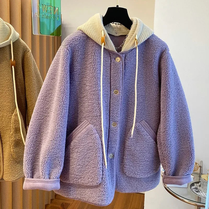 Threebooy Simple Niche Splicing Detachable Knitted Hooded Coat Women Autumn Winter Velvet Loose Casual Lamb Wool Warm Button Top