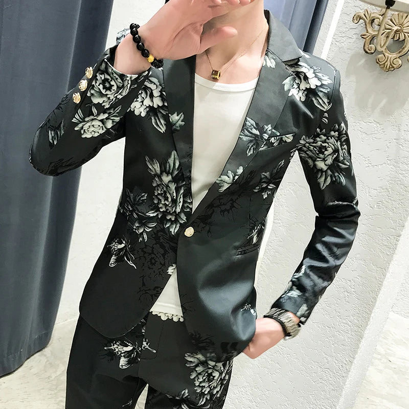 Threebooy (Jackets+Pants)  Men's Spring Printed Business Blazers/Male Slim Fit Casual Suit of Two Pieces Groom's Wedding Dress S-3XL