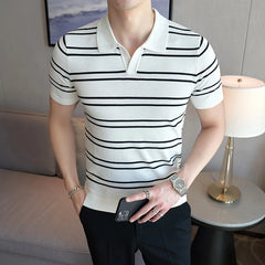 Threebooy Men's Short-Sleeved Polo Shirt with Lapel Collar Business Casual Style Striped Knitted Polo Shirt New Fashionable Design S-4XL