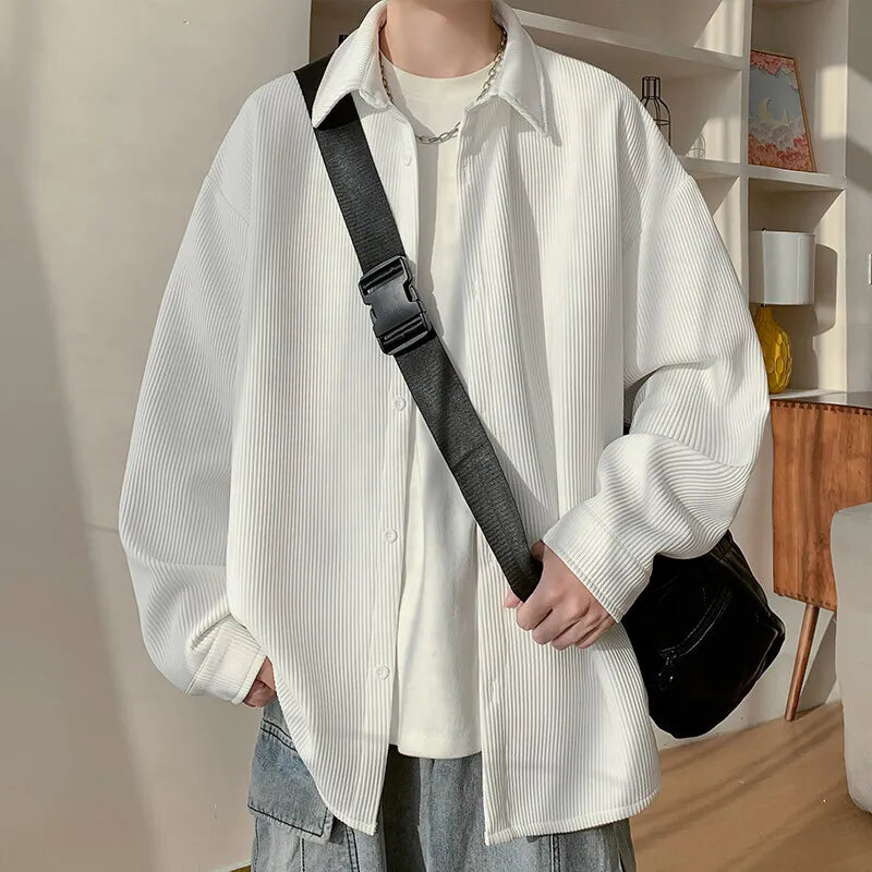 Threebooy White Long Sleeved Shirt Men Fashion Black Casual Shirt Men Streetwear Korean Loose Pleated Shirt Mens Ice Silk Shirts M-3XL