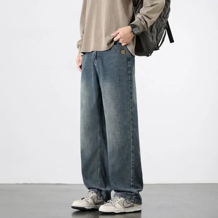 Threebooy Spring Autumn New Men's Straight Vintage Fit Jeans Casual Trousers High Quality Male Korean Fashion Baggy Wide Leg Denim Pants
