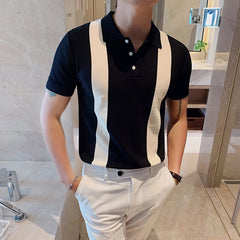 Threebooy Knit Polo Gradual Change Color Men Knitted Polo Shirt Short-sleeved Tops Striped Turn Down Collar Business Polo Men Shirt