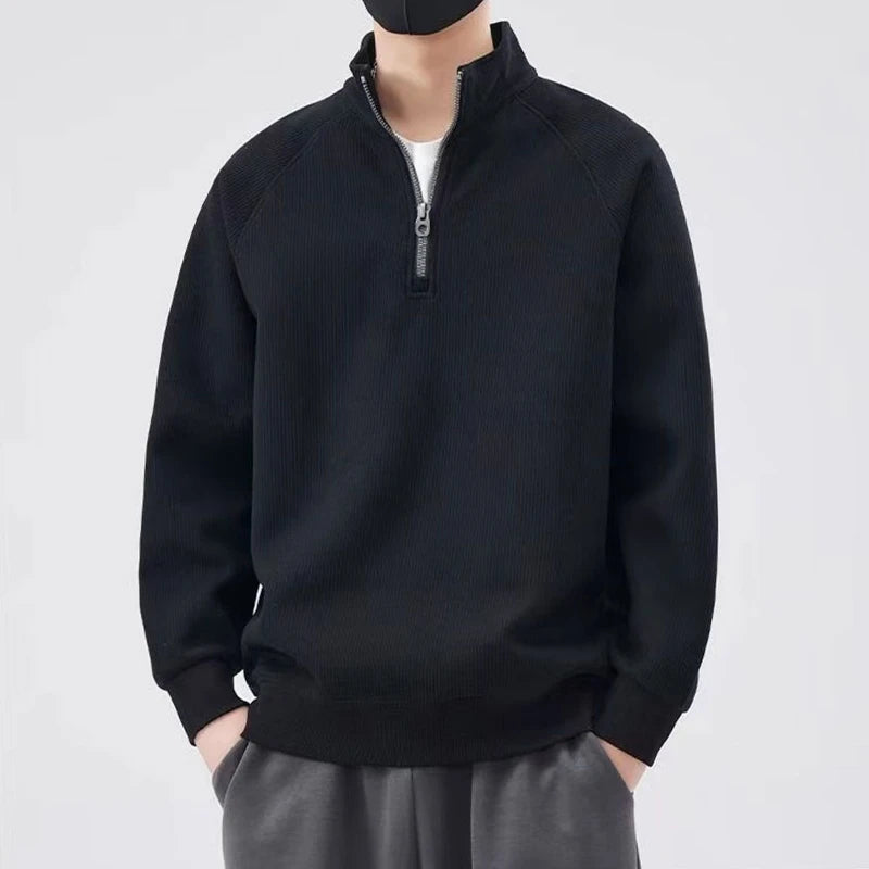 Threebooy  Half-zipper Sweatshirt Men Spring and Autumn Loose Splicing Contrasting Collar Base Shirt Versatile Fashion Handsome Casual Top