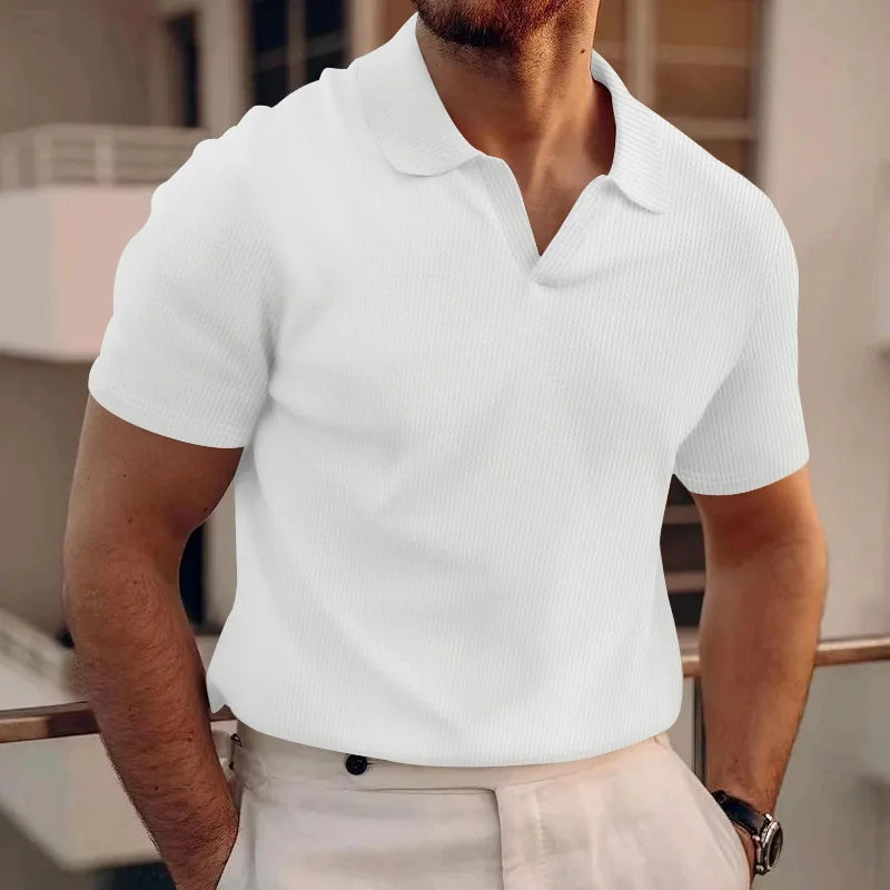 Threebooy  Summer New Polo Collar Casual Fashion Men's Clothing Heavy Waffle Short Sleeve Solid Color Casual V Collar Polo Shirt