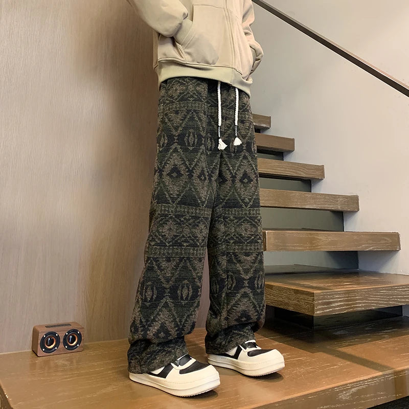 Threebooy Autumn Woolen Pants Men Warm Retro Plaid Knitted Pants Men Japanese Streetwear Loose Straight Pants Mens Vintage Trousers M-3XL