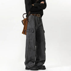 Threebooy  Mens Workwear Cargo Pants Straight Loose Fit Patchwork Design Denim Pants Casual Outdoor Streetwear Tactical Utility Clothing