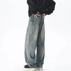 Threebooy  New Streetwear Loose Bent Knife Jeans Men Korean Style Fashion Straight Wide Let Pants Men's Women Black Blue Denim Pants