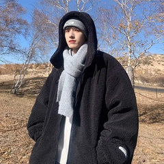 Threebooy Korean Style Polar Fleece Thickened Hooded Lamb Wool Jacket American Fashion Winter Men's Warm Large Size Cotton Coat Aesthetic