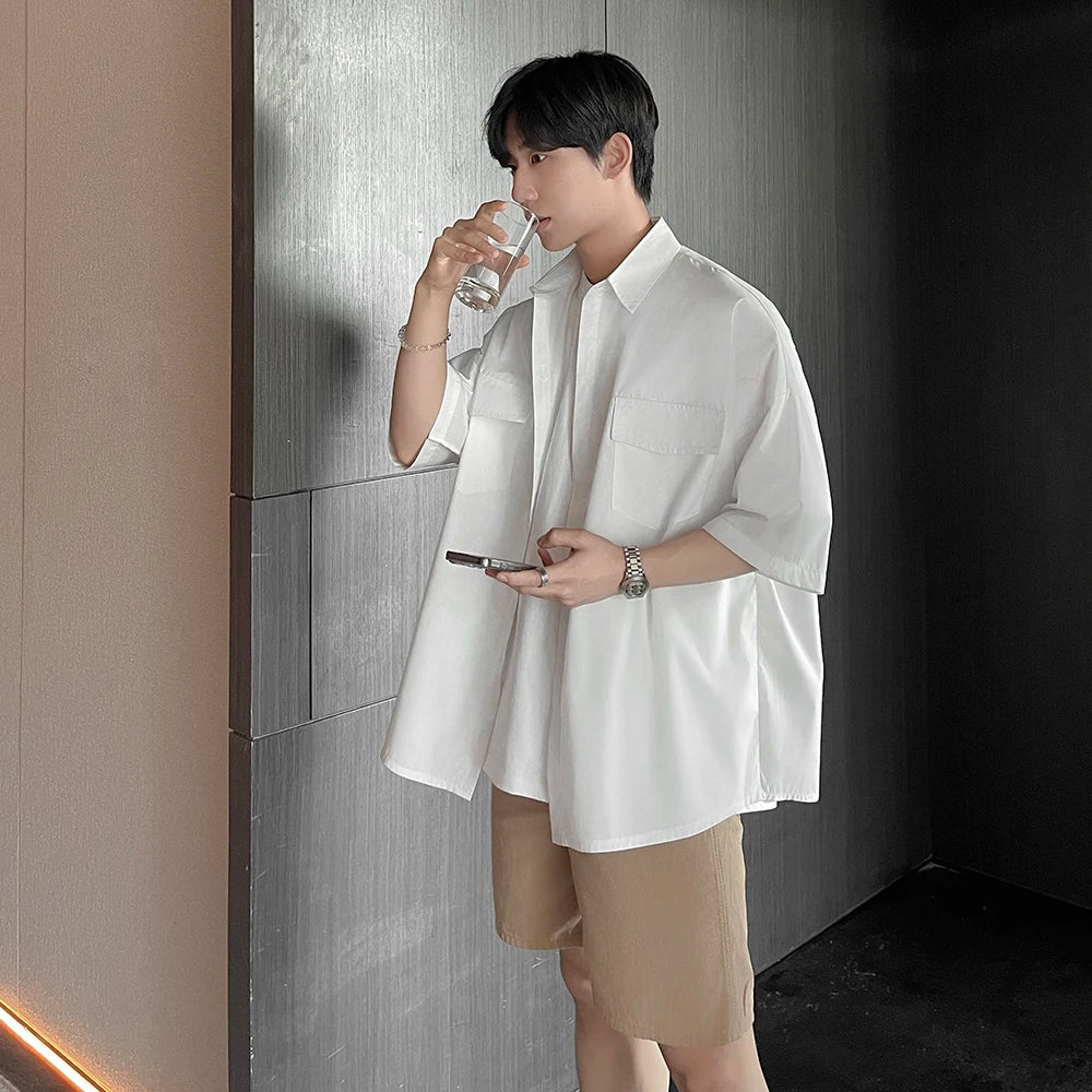 Threebooy High Quality Solid Pockets Shirts Black Blouses Summer Korean Smooth Short Sleeve Shirt Streetwear Oversize Cargo Shirts