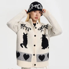 Threebooy Personality Cat Cardigan Contrasting Color Jacquard Stand-up Collar Sweater Coat Autumn Winter Loose Knitted Cardigan