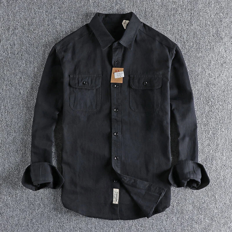 Threebooy  British Style Retro Long Sleeve Shirt Coat Men Spring  Autumn Twill Cotton Versatile Solid Color Male Cargo Work Shirts