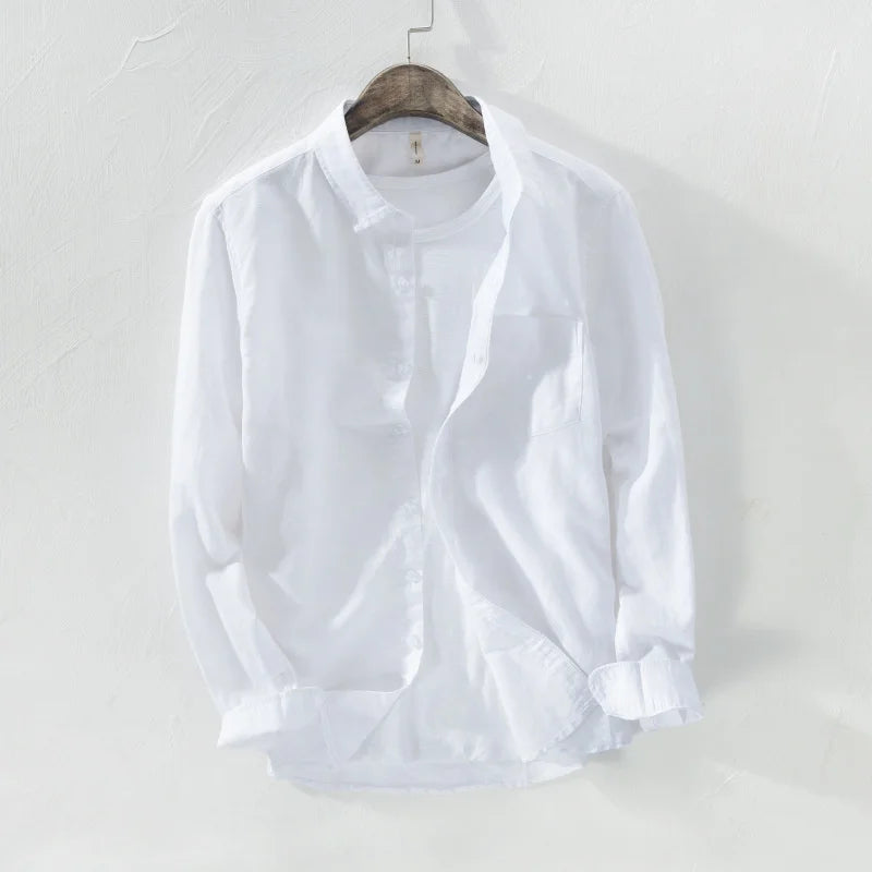 Threebooy  Mens Cotton Linen Shirt Breathable Casual Solid Colors Loose Turn-down Collar Long Sleeve Button Down Blouse Tops Shirts For Man