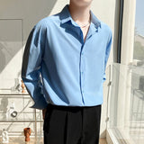 Threebooy Autumn Men's Long Sleeve Shirts Fashion Korean Baggy No-iron Business Casual Elasticity Lapel Collar Shirt  White Light Blue