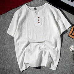 Threebooy  Men's Short Sleeve Henley Shirt Casual Loose Fit Solid Color Button Placket Comfortable Daily Fashion Top