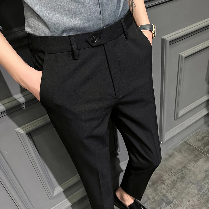 Threebooy  British High Waist Straight Pants Men Social Trousers Pant Italian Mens Formal Pant Pantalones Hombre Dress Ankle Pants 38