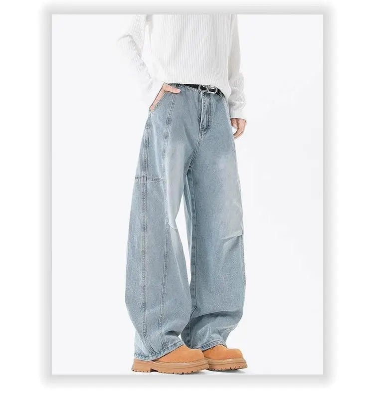 Threebooy Hip hop personality trend men and women straight leg washed jeans American couple loose retro curved knife casual pants y2k