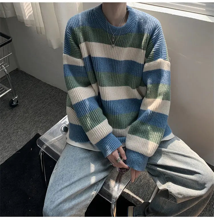 Threebooy Autumn Winter Sweater Men Pullover Korean Style Male Striped Sweater Loose Knitted Sweater Trend Thick Top Mens Clothing