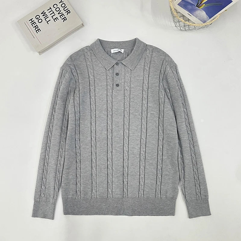 Threebooy  New Men American Retro Polo Neck Sweater Luxury Knit Long Sleeve Pullover Casual Solid Color Streetwear Jacquard Knitwear M-3XL