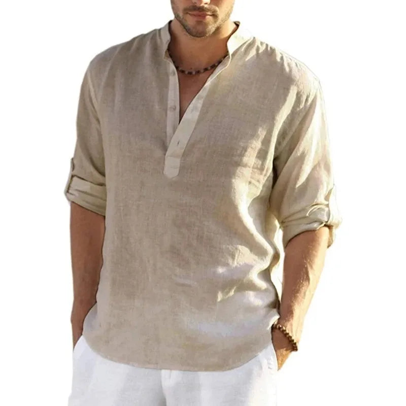 Threebooy  New Linen Shirt Men Brief Breathable Comfy Solid Color Long Sleeve Loose Harajuku Casual Blouse Hawaiian Shirts