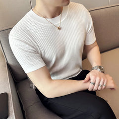 Threebooy  Clothing New Summer Men T-shirt Knitted Short Sleeves Top Men's Solid Color O-neck Pullover Thick Slim Knitted Tees S-3XL