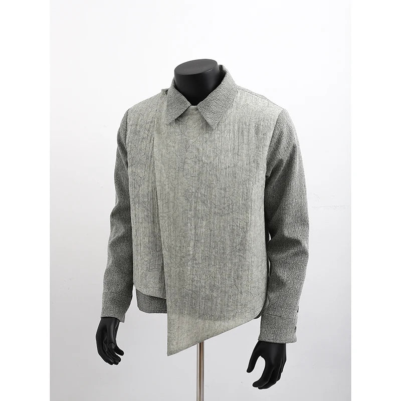 Threebooy Men Jacket Lapel Collar Faux Two Layer Diagonal Placket 2024 Trendy Outwear Casual Urban Streetwear Host Apparel Stage Clothing