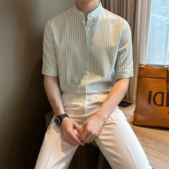 Threebooy  New Fashion Striped Stand Collar Men Shirts Luxury Casual Textured Half Sleeve Cardigan Tops Summer Business Slim-fit Blouse